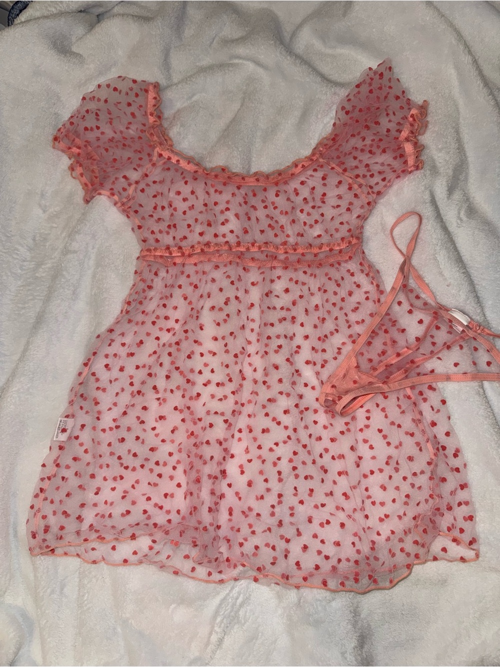 Sheer Heart-Print Mesh Babydoll Nightdress - Pink